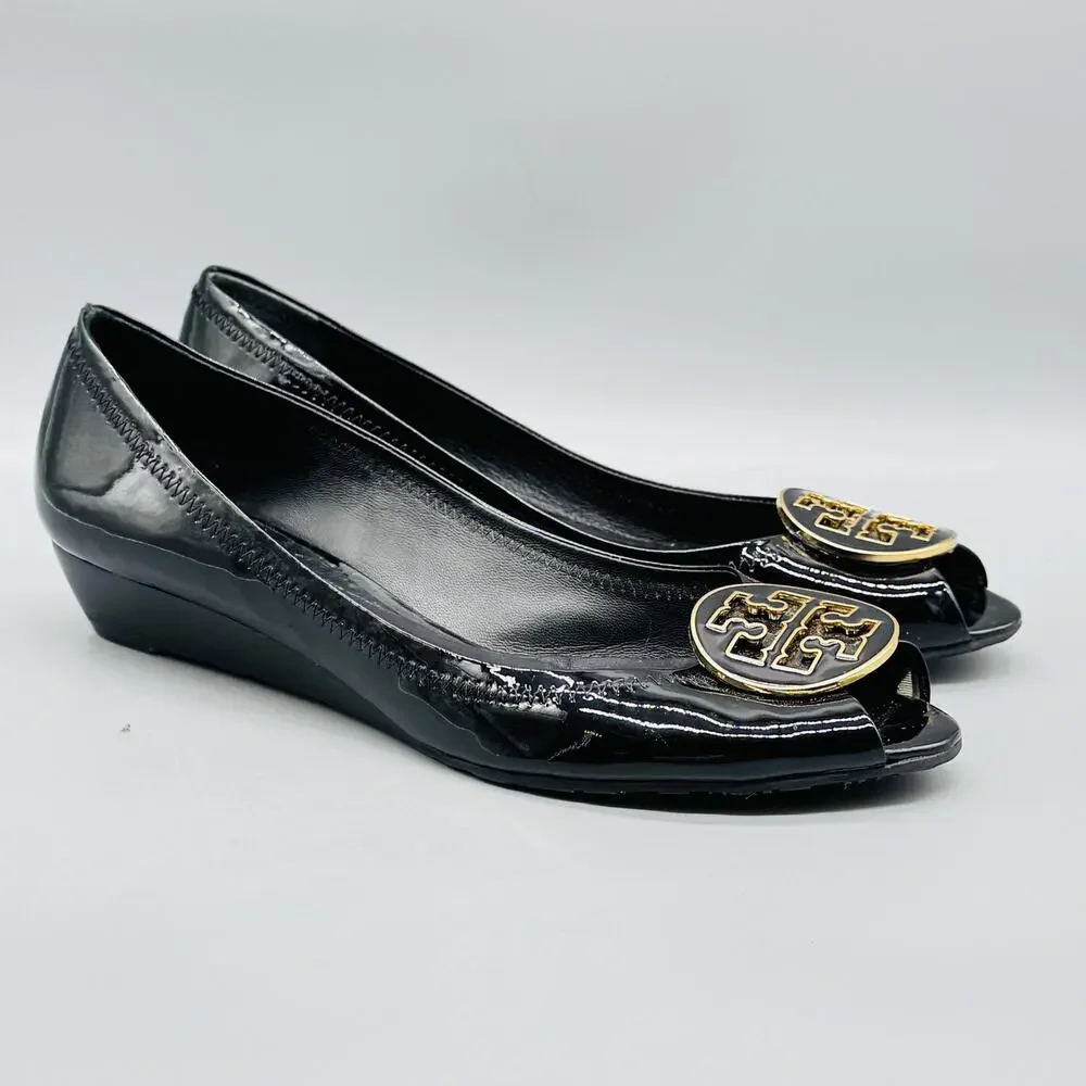 Tory Burch Shoes Womens 8 Black Patent Wedge Heel Pumps Peep Toe Logo Flats